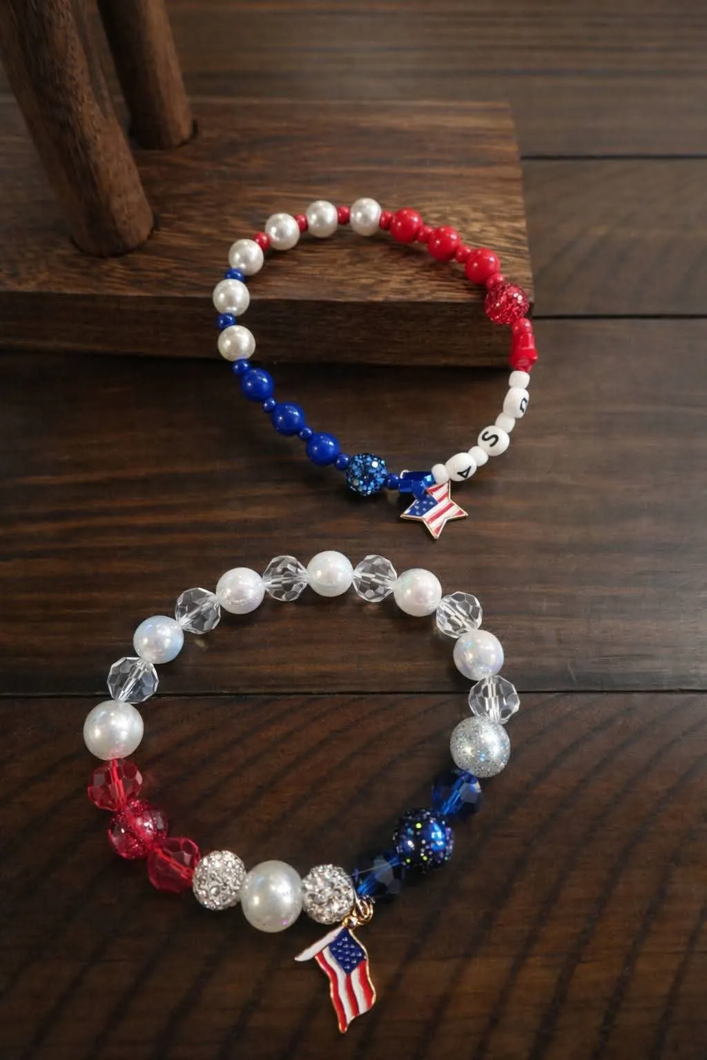 Patriotic Beaded Bracelet with USA flag charm — Handmade in USA